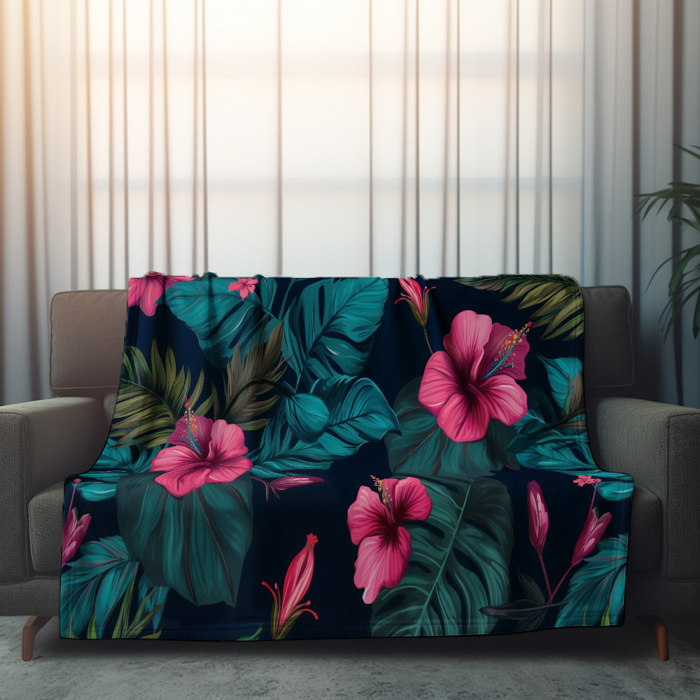 Seamless Tropical Pattern With Pink Flowers And Leaf Printed Sherpa Fleece Blanket Tropical Design
