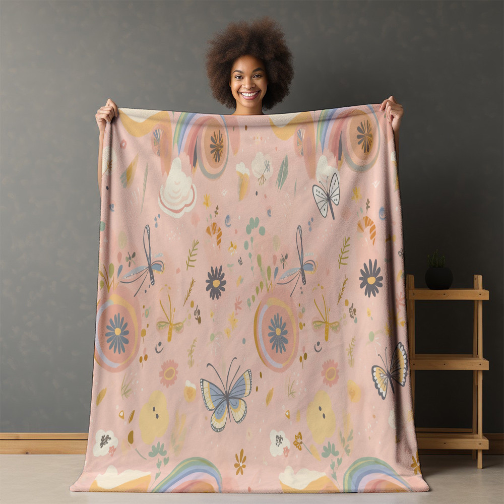 Seamless Pattern With Butterflies And Rainbow Printed Sherpa Fleece Blanket Earthy Organic Shapes