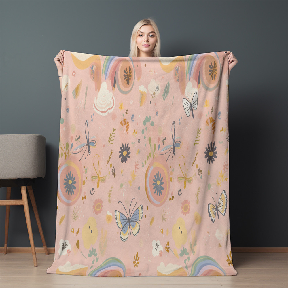 Seamless Pattern With Butterflies And Rainbow Printed Sherpa Fleece Blanket Earthy Organic Shapes