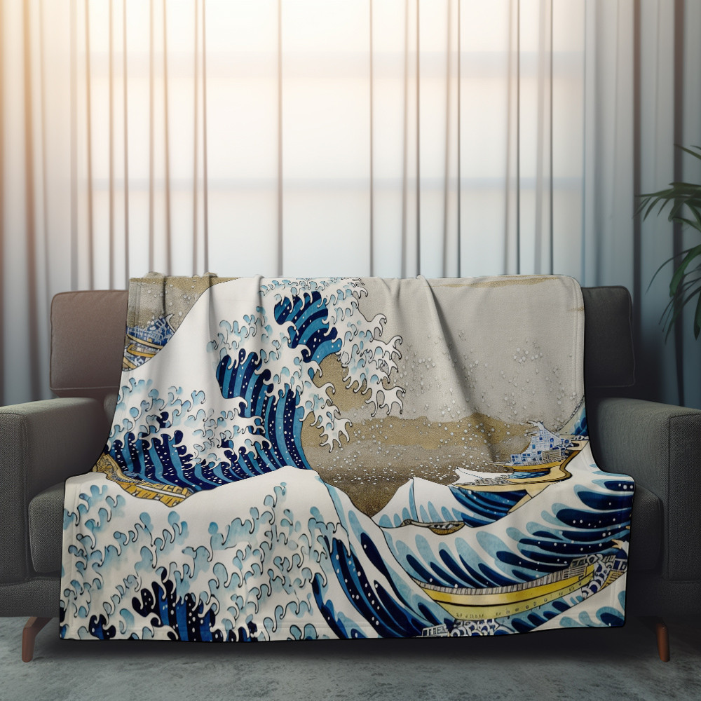 The Great Wave of Kanagawa Printed Sherpa Fleece Blanket Japan Design