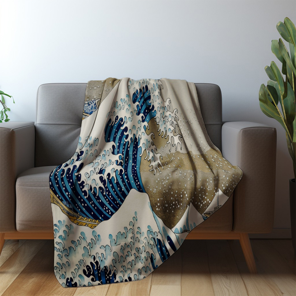 The Great Wave of Kanagawa Printed Sherpa Fleece Blanket Japan Design