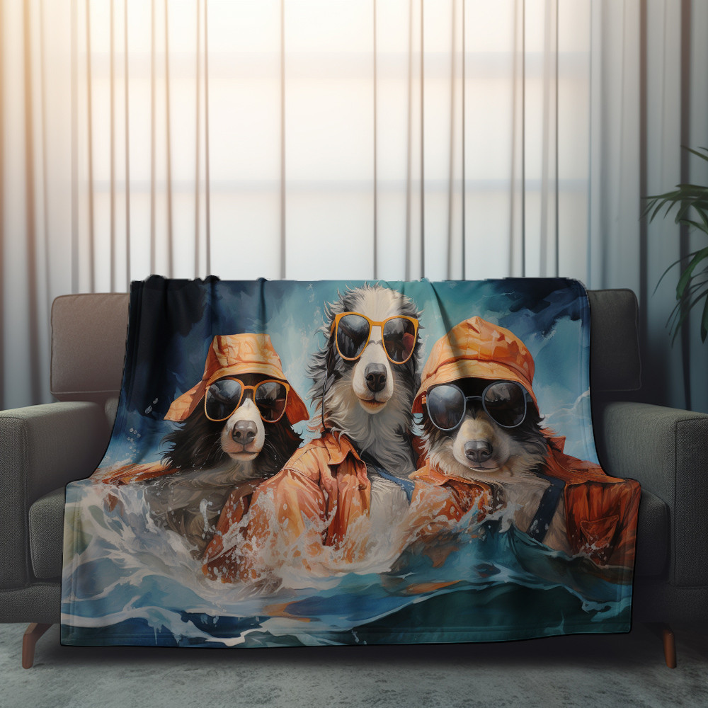 Three Dogs Swimming Printed Sherpa Fleece Blanket Animal Design