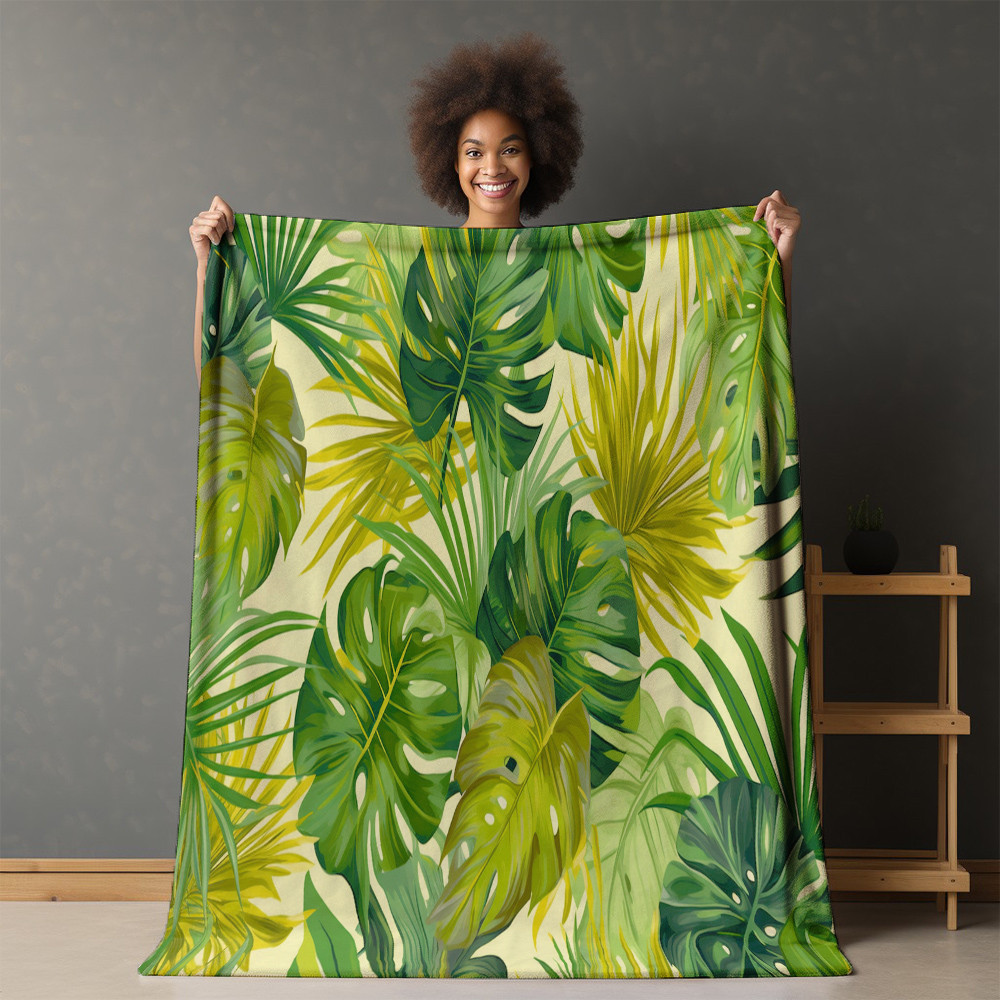 Tropical Palm Leaves Printed Sherpa Fleece Blanket Summer Floral Design