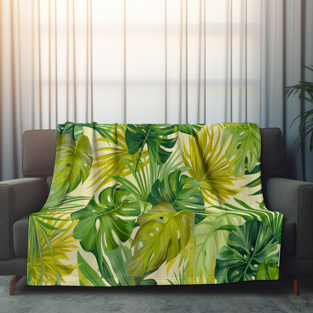 Tropical Palm Leaves Printed Sherpa Fleece Blanket Summer Floral Design