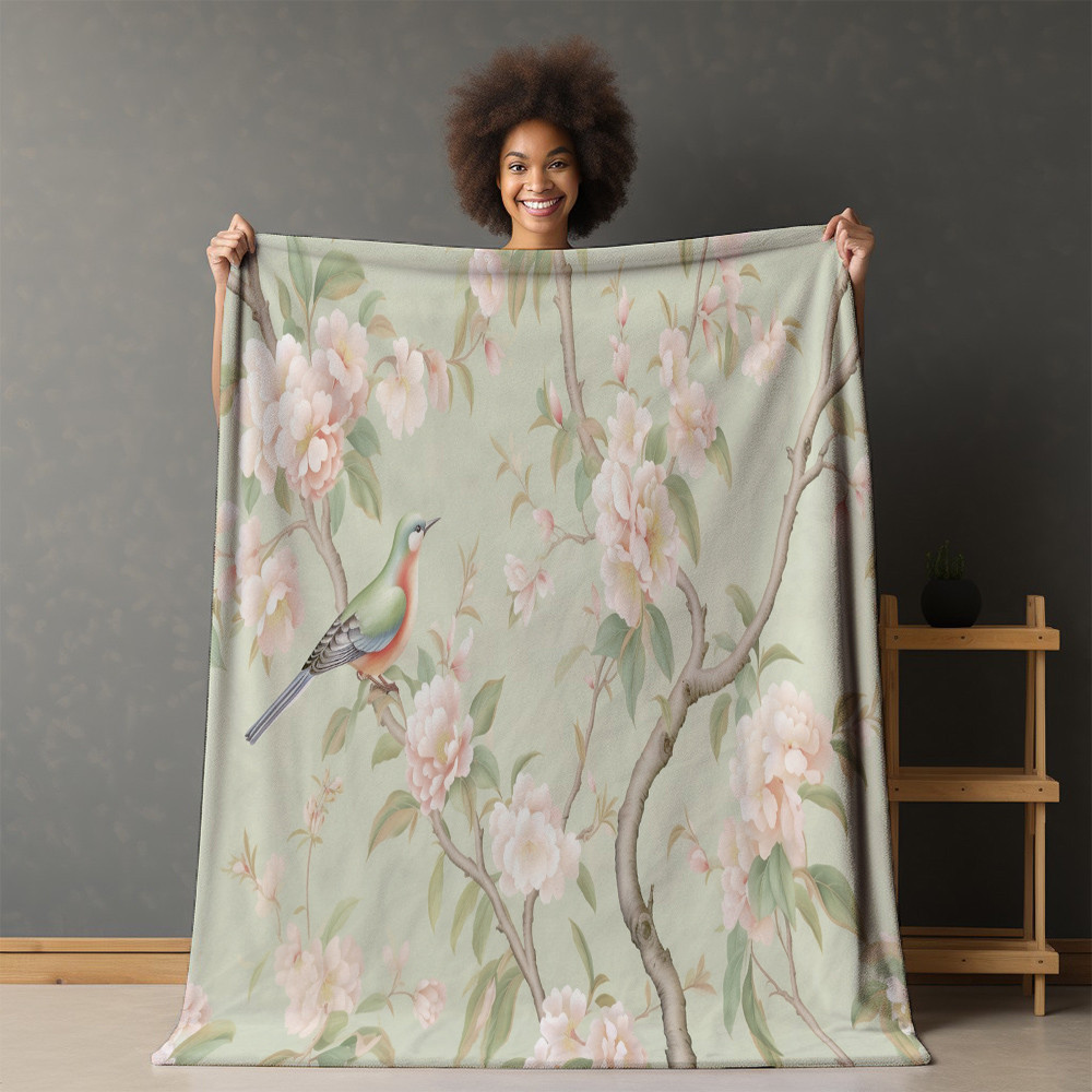 Spring Bird And Flowers Printed Sherpa Fleece Blanket Avignon Floral Design