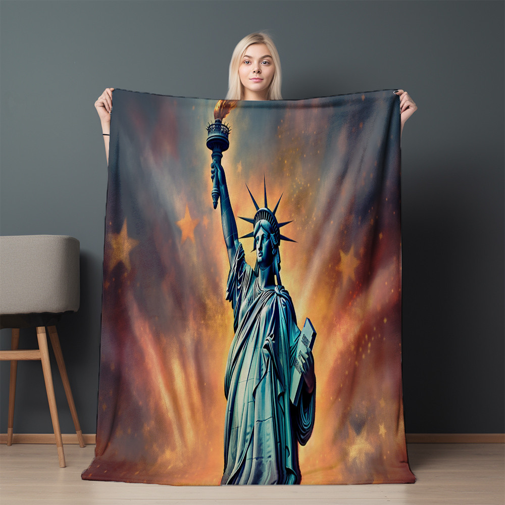 Statue of Liberty And American Flag Background Printed Sherpa Fleece Blanket Patriotic Design