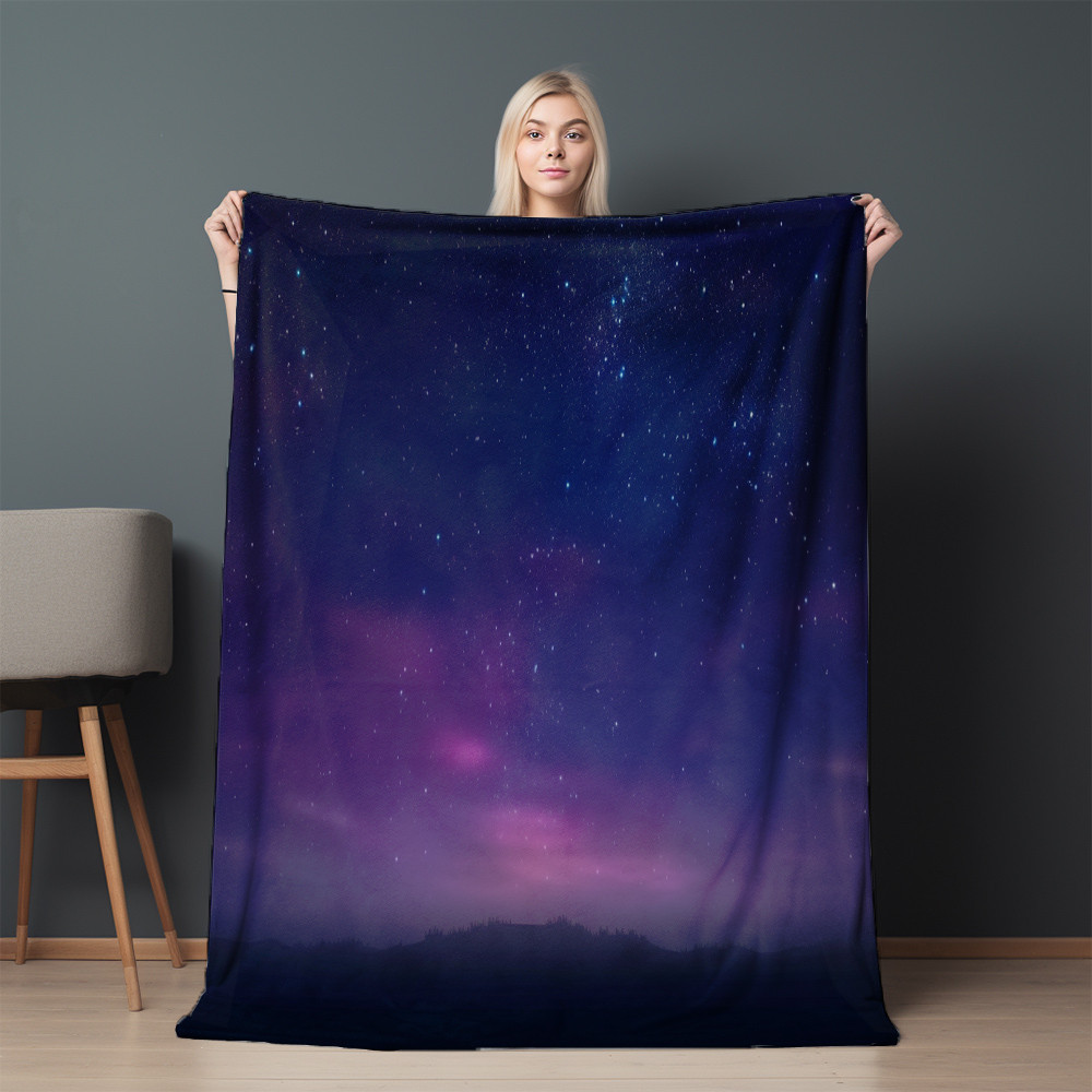 Starry Sky In Purple Gradient Printed Sherpa Fleece Blanket Galaxy Design