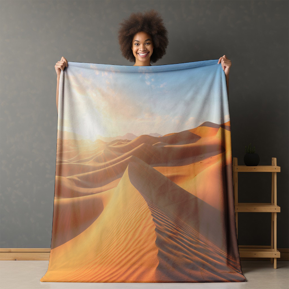 Sun In Sand Dunes Landscape Printed Sherpa Fleece Blanket Trompe L'oeil Design