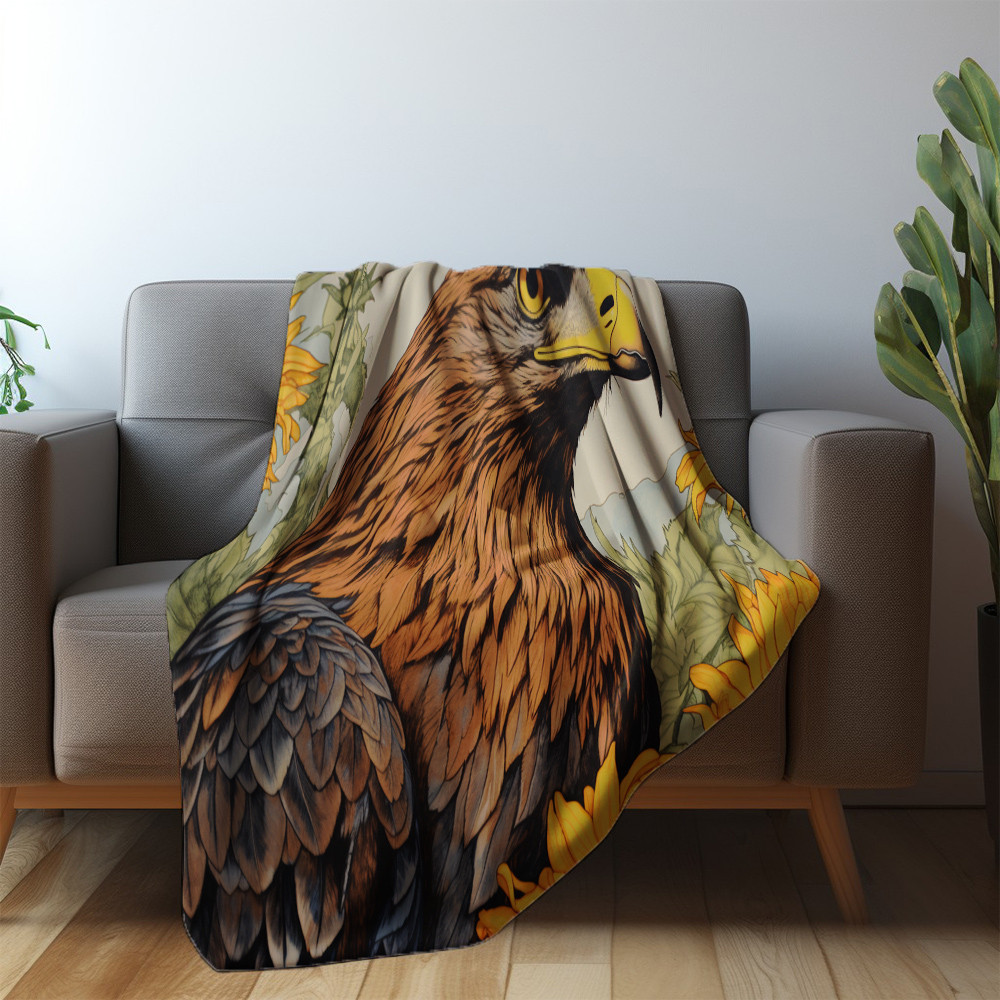 Sunflower Eagle Risograph Printed Sherpa Fleece Blanket Animal Design