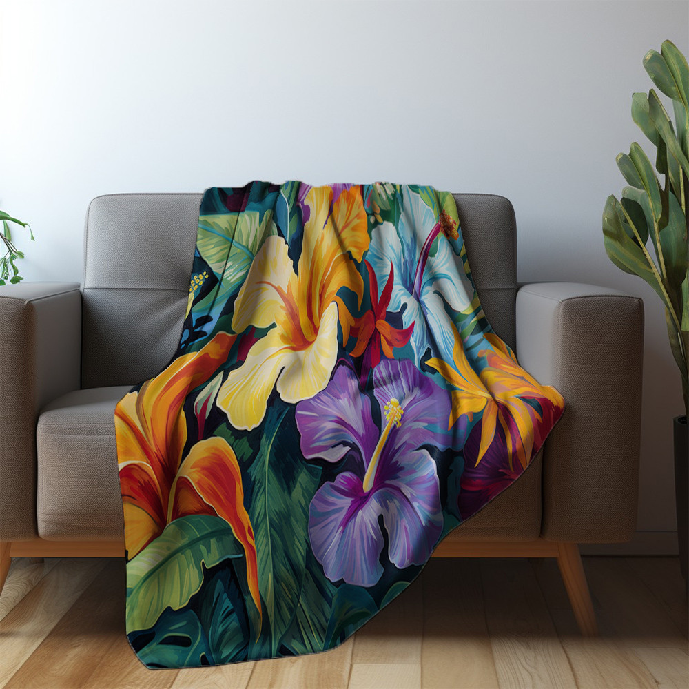 Tropical Exotic Orchids Printed Sherpa Fleece Blanket Floral Design