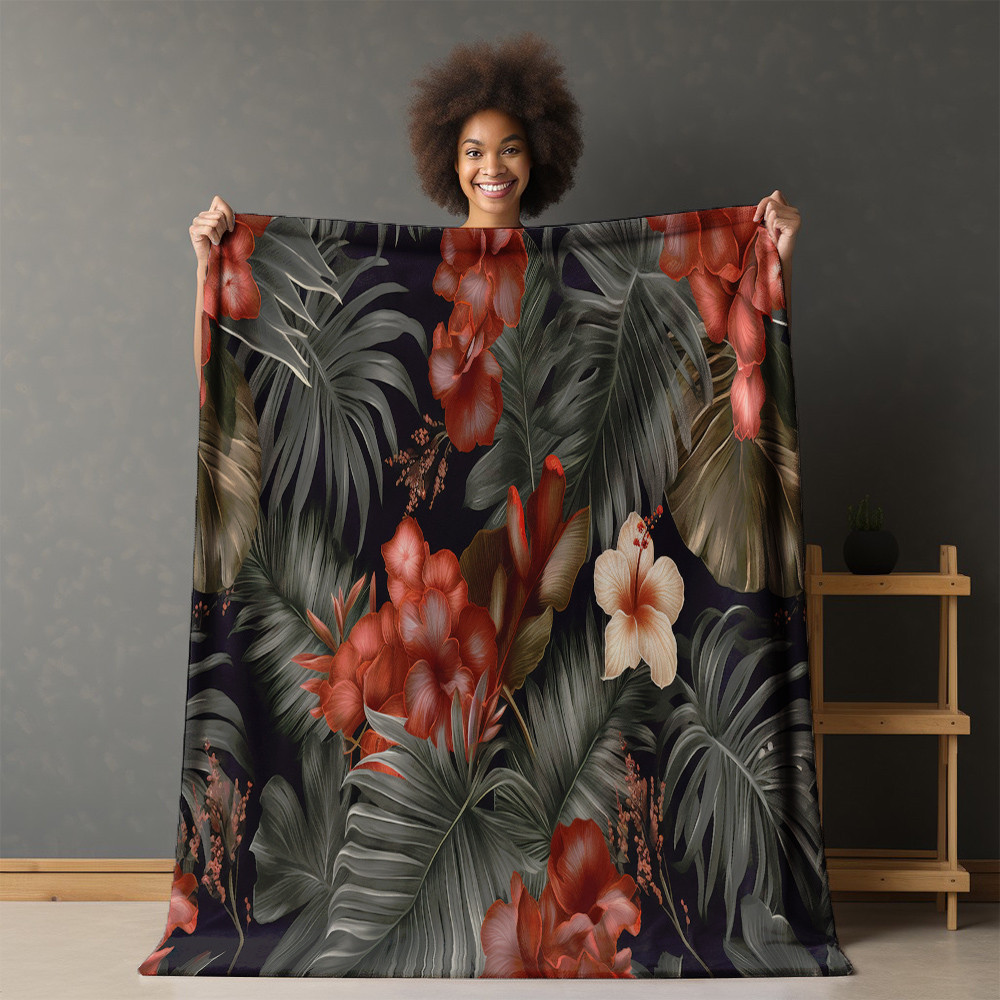 Tropical Flowers Leaves And Palm Printed Sherpa Fleece Blanket