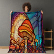 Stained Glass Mushrooms Printed Sherpa Fleece Blanket Botanical Design