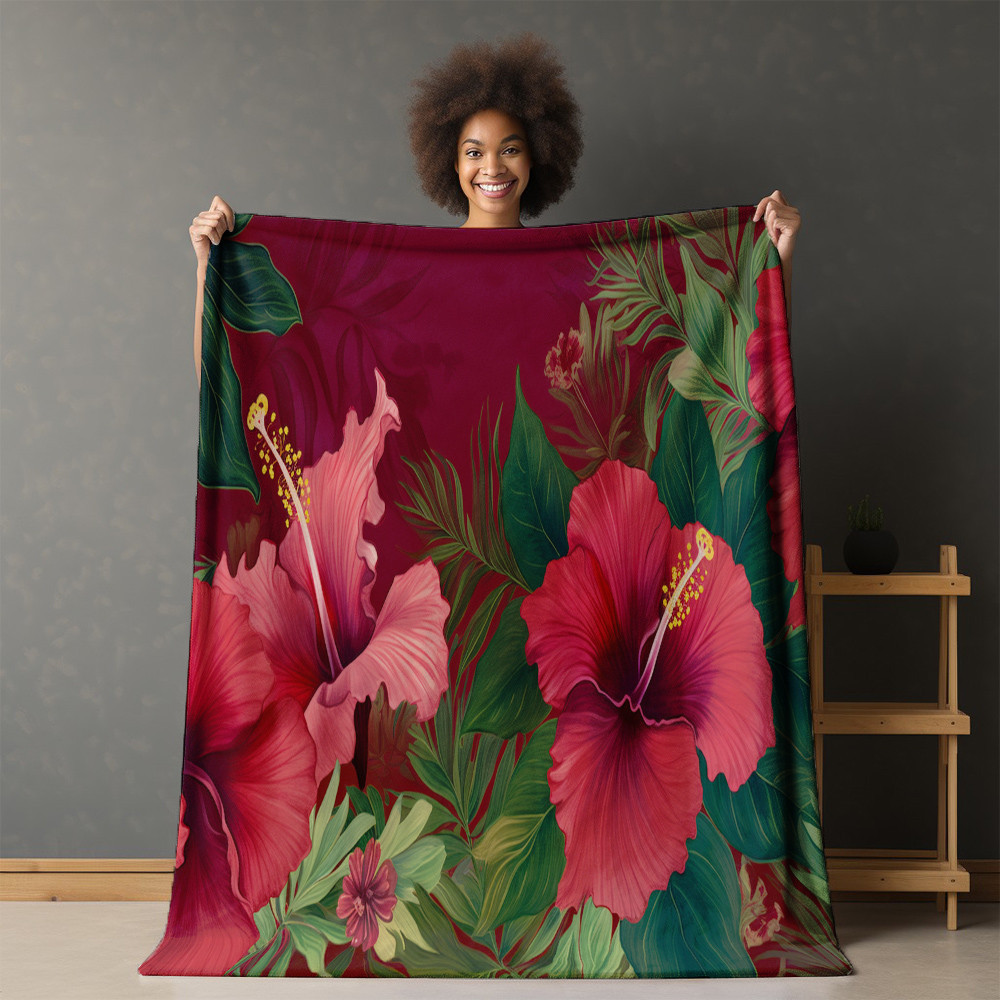 Tropical Floral Featuring Large Hibiscus Printed Sherpa Fleece Blanket Tropical Design