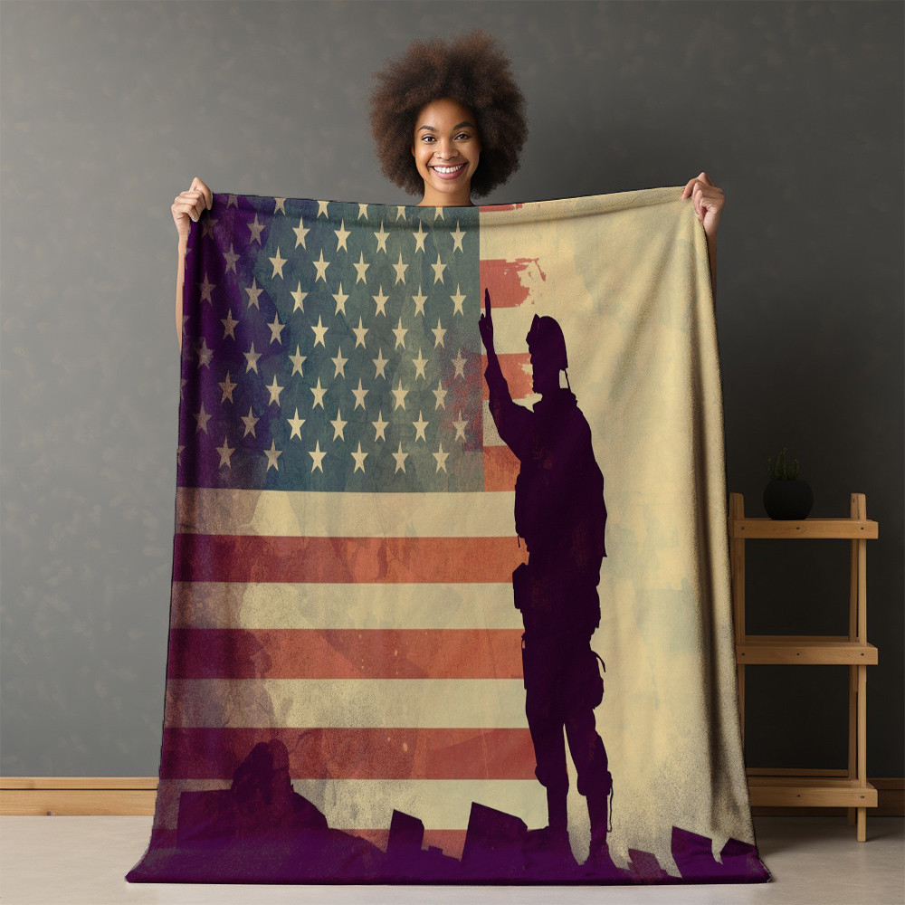 Soldier Saluting American Flag Printed Sherpa Fleece Blanket Patriotic Design