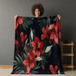 Tropical Flowers On Black Background Printed Sherpa Fleece Blanket Tropical Design
