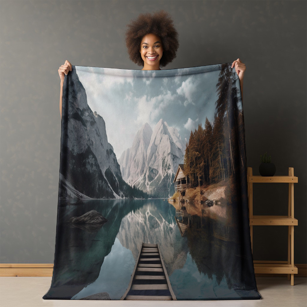 The Lake And Mountains Landscape Design Printed Sherpa Fleece Blanket