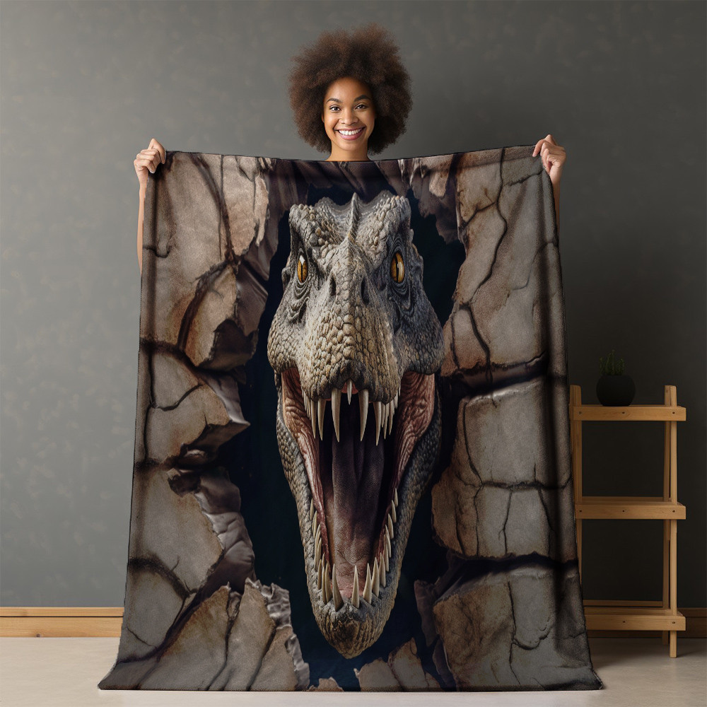 T Rex Through Concrete Wall Printed Sherpa Fleece Blanket Trompe L'oeil Design
