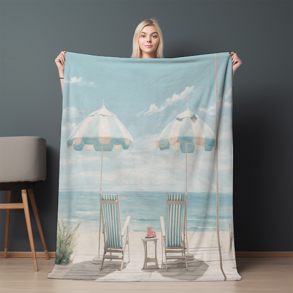 Tropical Beach Printed Sherpa Fleece Blanket Summer Landscape Design