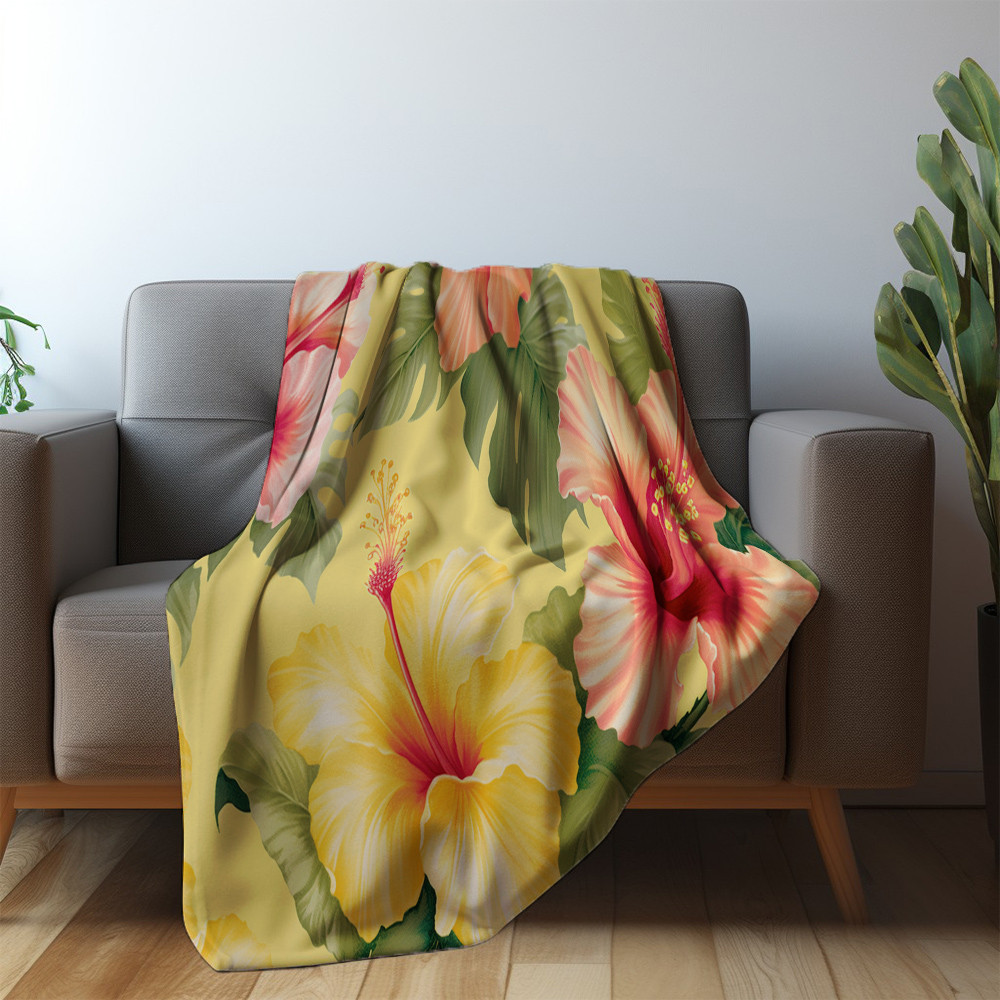 Tropical Hibiscus Flowers Printed Sherpa Fleece Blanket Summer Yellow Floral Design