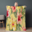 Tropical Hibiscus Flowers Printed Sherpa Fleece Blanket Summer Yellow Floral Design