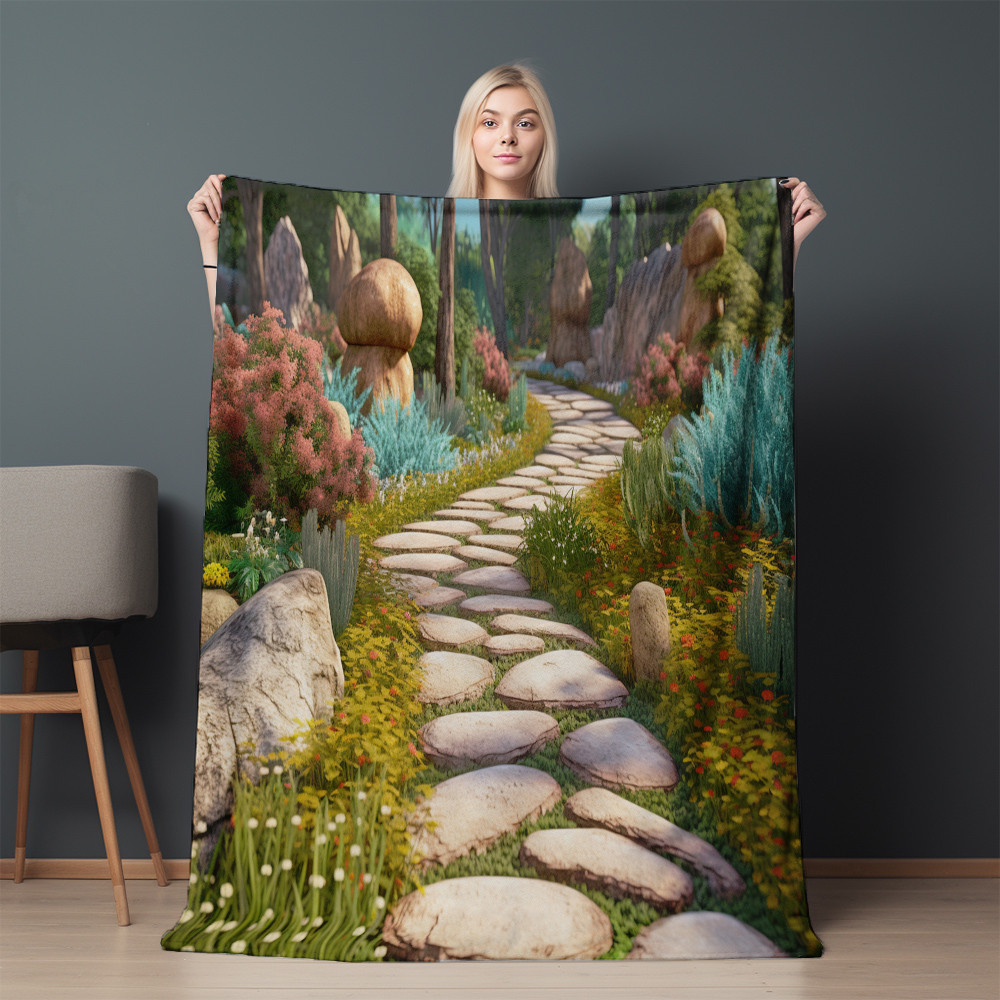 Stone Garden Pathway Printed Sherpa Fleece Blanket Trompe L'oeil Design