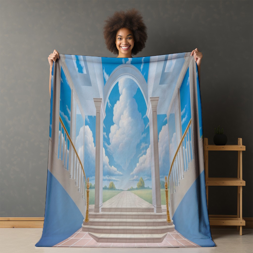 Staircase Lads To The Heavens With Blue Sky Printed Sherpa Fleece Blanket Trompe L�oeil Design