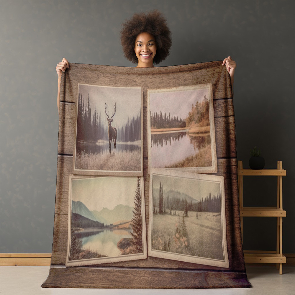 Vintage Pictures On Wood Background Printed Sherpa Fleece Blanket Landscape Design