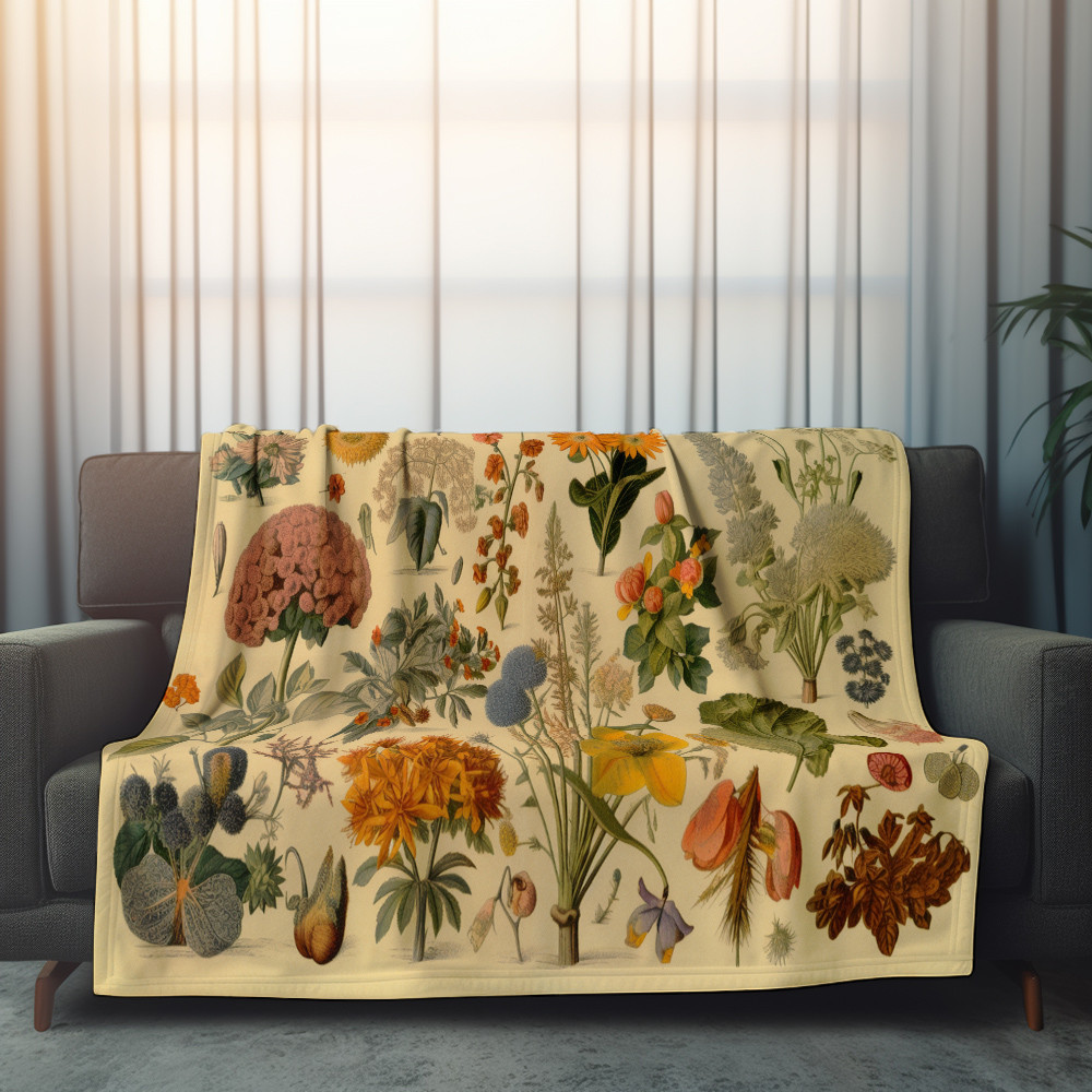 Various Flower species Printed Sherpa Fleece Blanket Botanical Floral Design