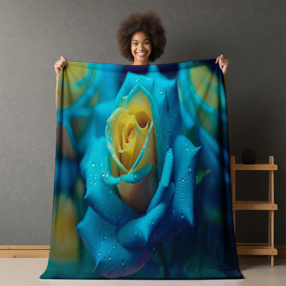 Turquoise Roses Printed Sherpa Fleece Blanket Realistic Floral Design