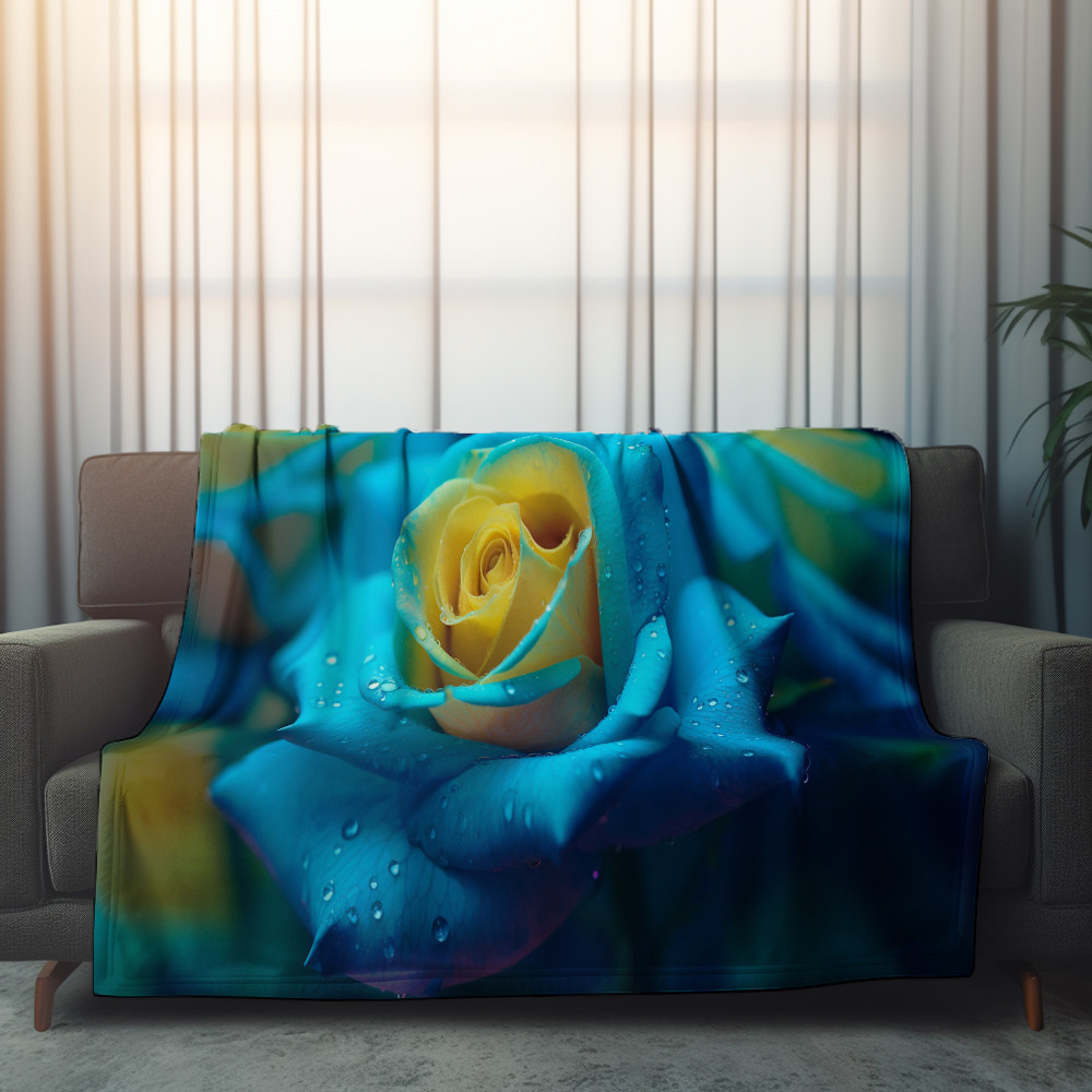 Turquoise Roses Printed Sherpa Fleece Blanket Realistic Floral Design
