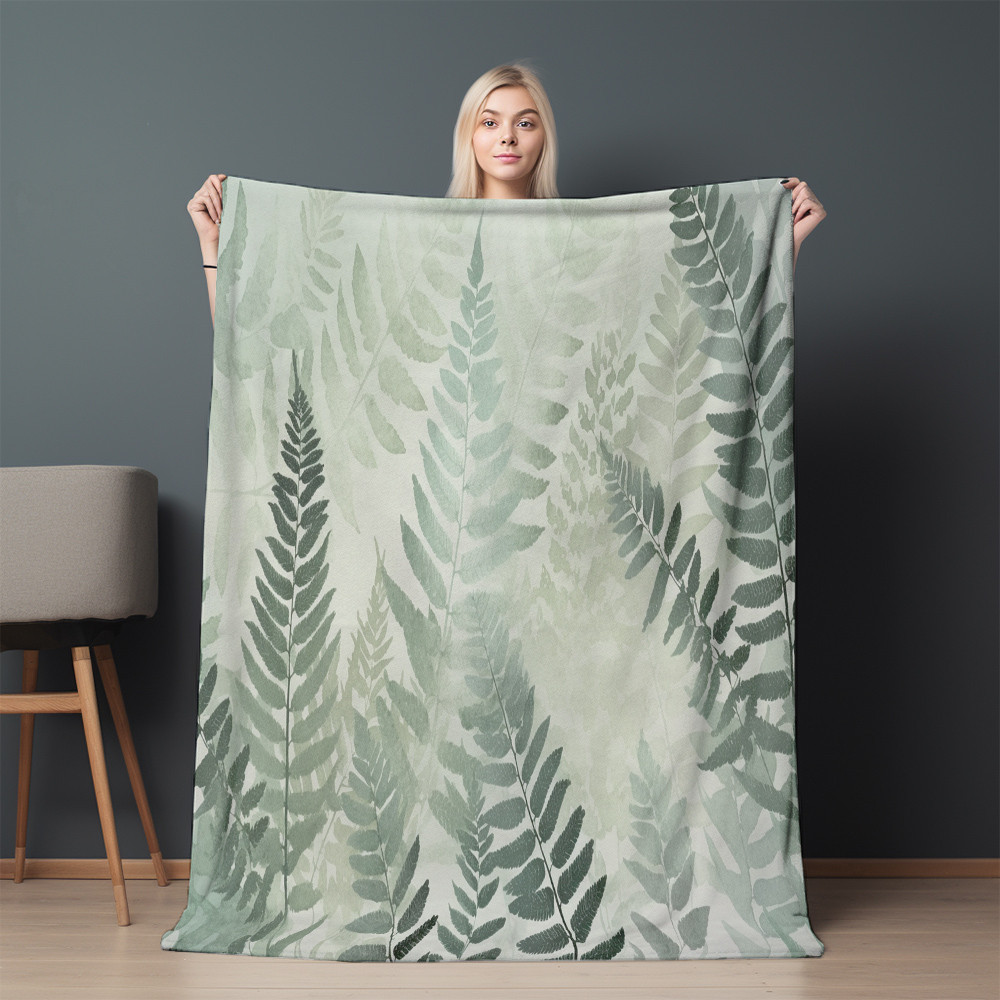 Watercolor Fresh Green Fern Leaves Printed Sherpa Fleece Blanket