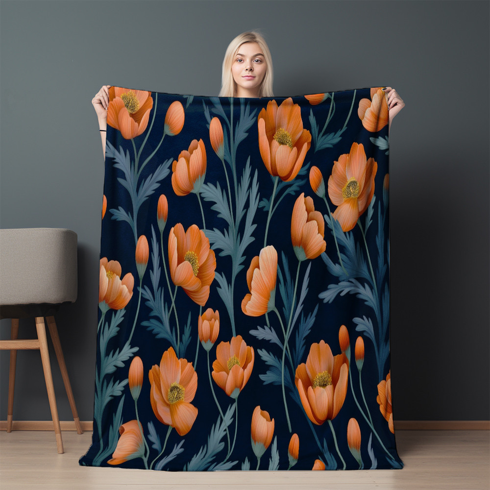 Vintage Poppy Orange And Blue Floral Pattern Printed Sherpa Fleece Blanket