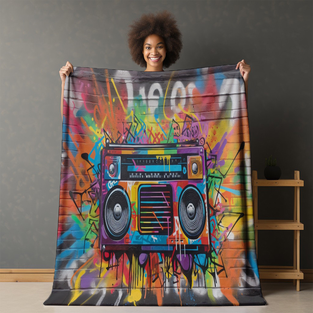 Vibrant Boombox Retro Printed Sherpa Fleece Blanket Graffiti Design