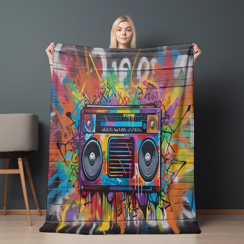 Vibrant Boombox Retro Printed Sherpa Fleece Blanket Graffiti Design