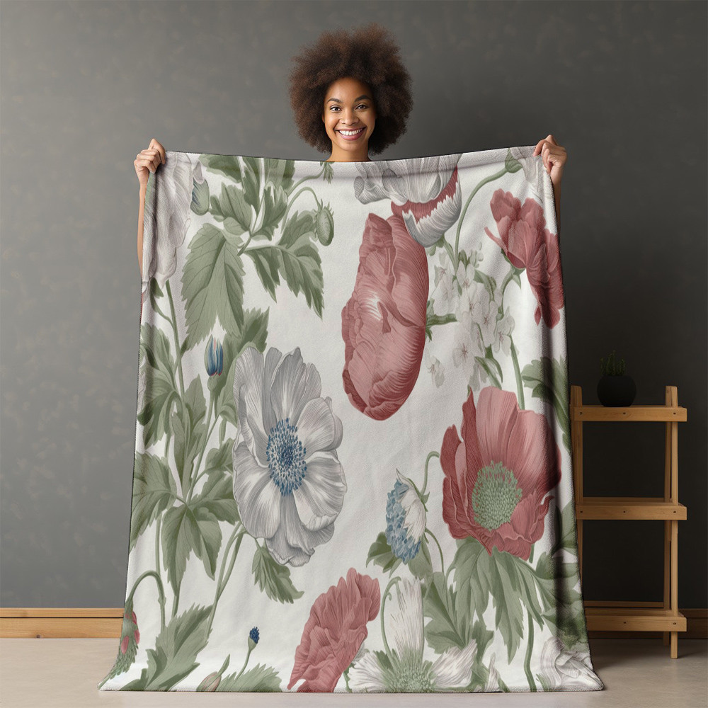 Vintage Poppy On White Printed Sherpa Fleece Blanket Floral Design