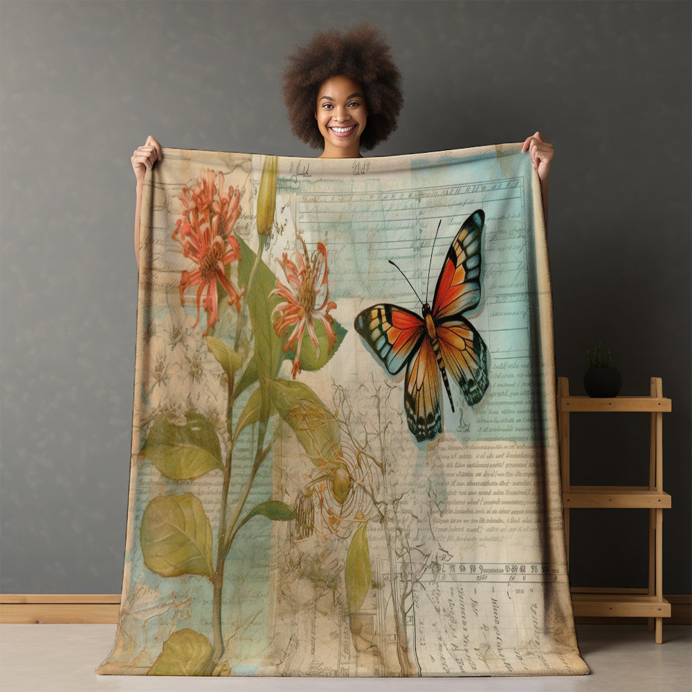 Vintage Botanical Butterfly Illustrations Printed Sherpa Fleece Blanket Animal Design