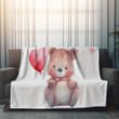 Watercolor Bear Valentines Day Holding Heart Balloon Printed Sherpa Fleece Blanket For Kids