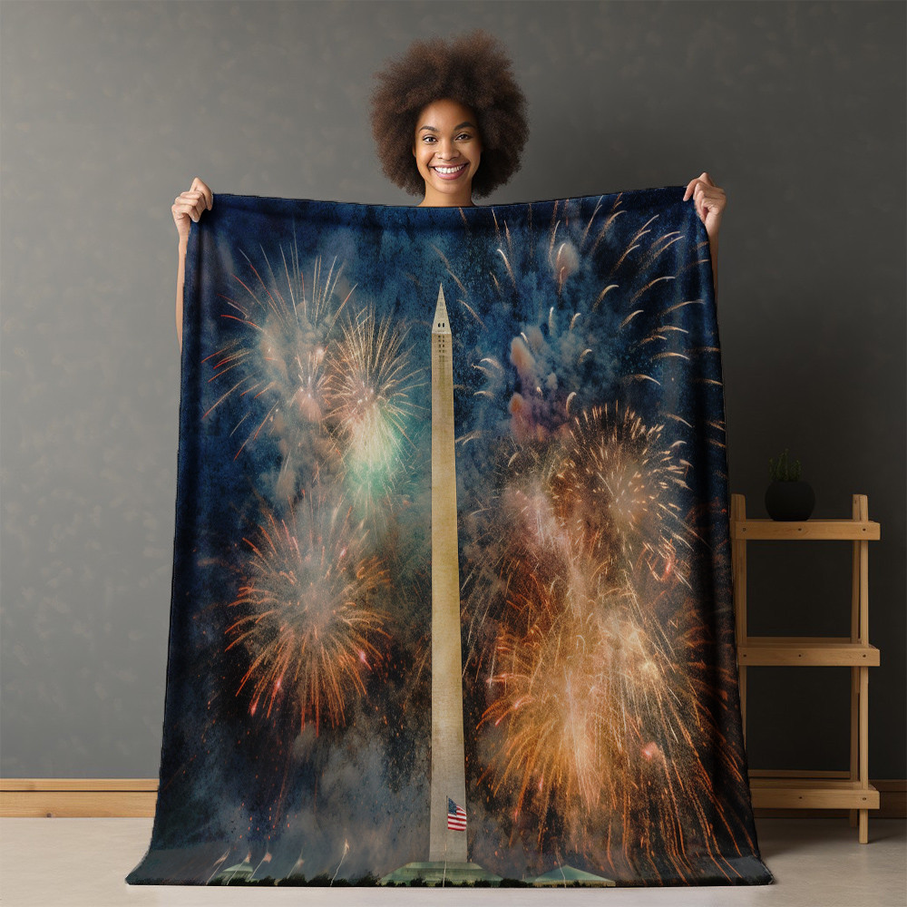 Washington Monument With The American Flag Printed Sherpa Fleece Blanket Patriotic Design