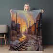 Urban Sunset Oil Painting Printed Sherpa Fleece Blanket Cityscape Design