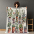 Watercolor Cute Collection Of Mini Plants In Pots Printed Sherpa Fleece Blanket