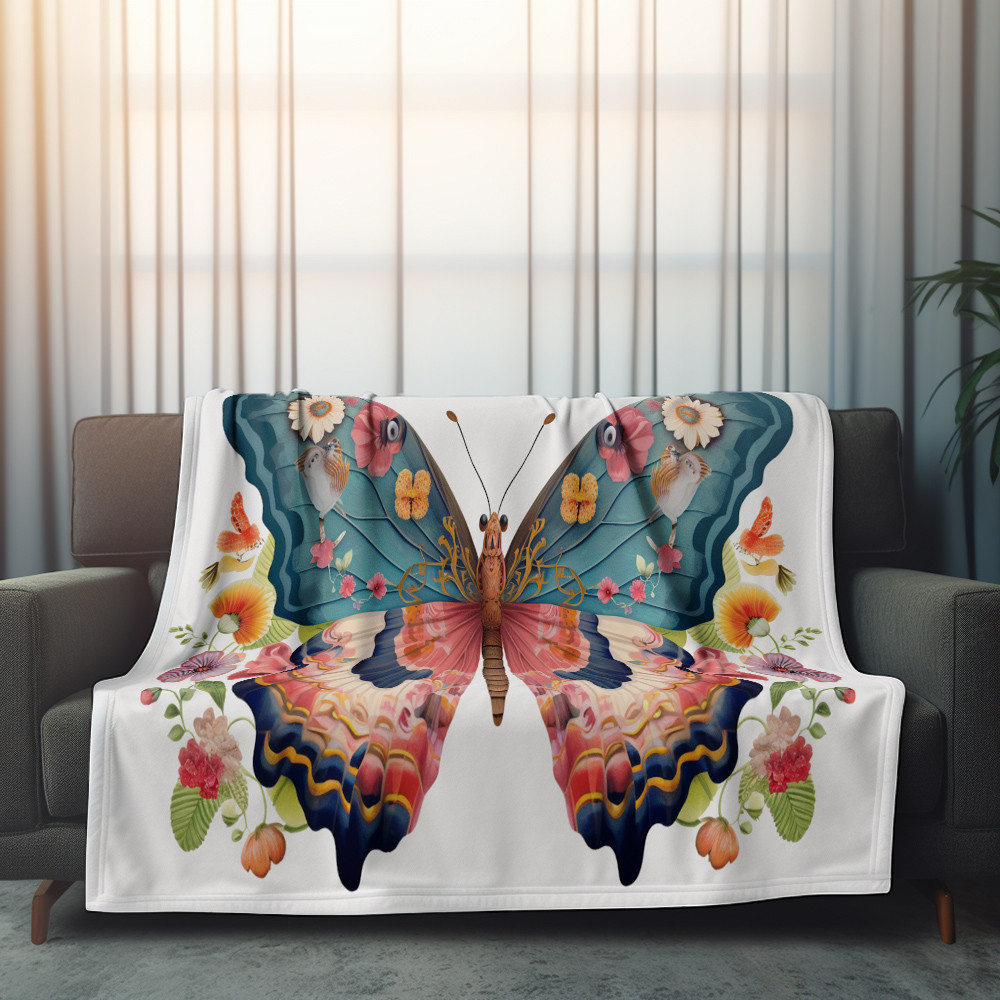 Vibrant Butterfly On White Printed Sherpa Fleece Blanket Insect Design