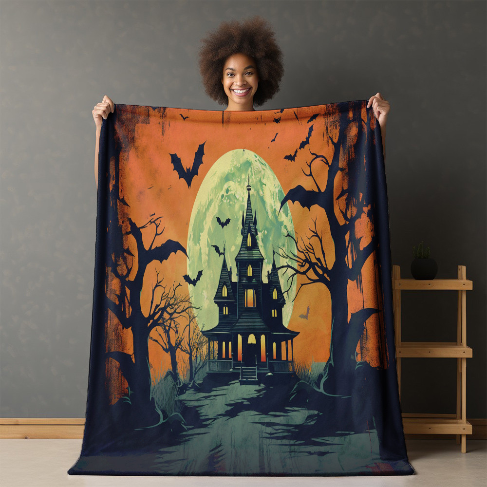 Vintage Haunted House Printed Sherpa Fleece Blanket Halloween Design