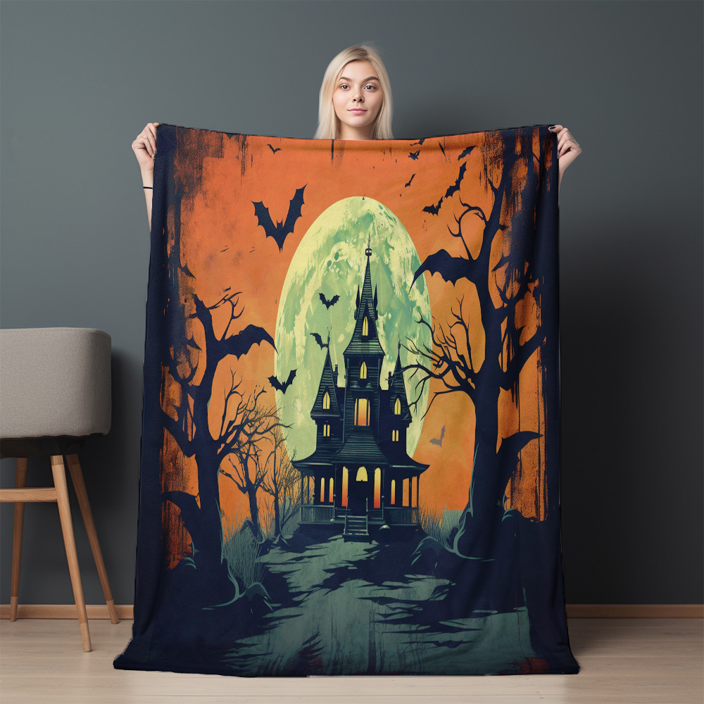 Vintage Haunted House Printed Sherpa Fleece Blanket Halloween Design