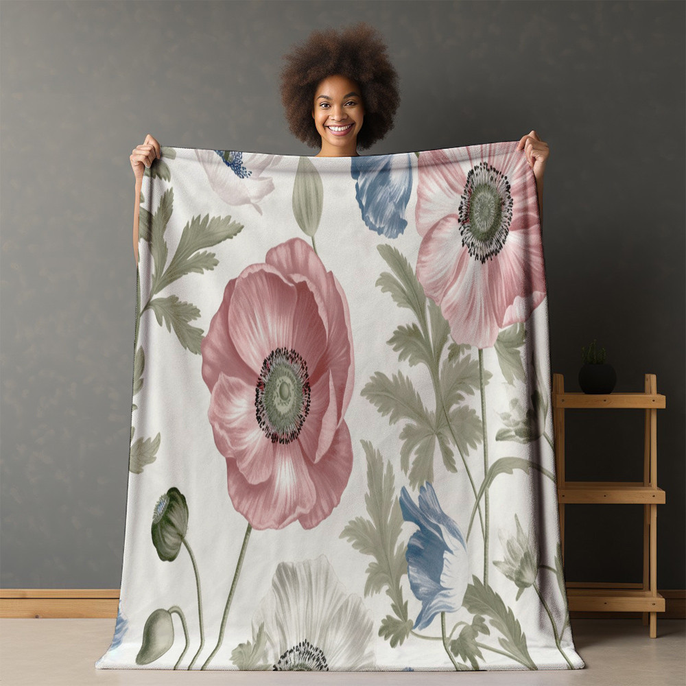 Vintage Poppy Printed Sherpa Fleece Blanket Floral Design