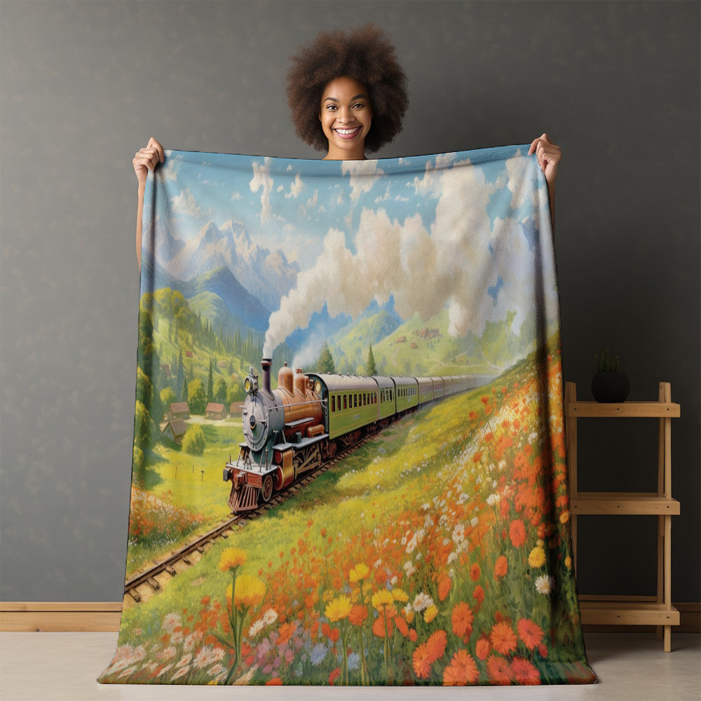 Vintage Train In Countryside Printed Sherpa Fleece Blanket Landscape Design