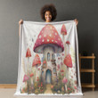 Vintage Mushroom Houses Printed Sherpa Fleece Blanket Botanical Design