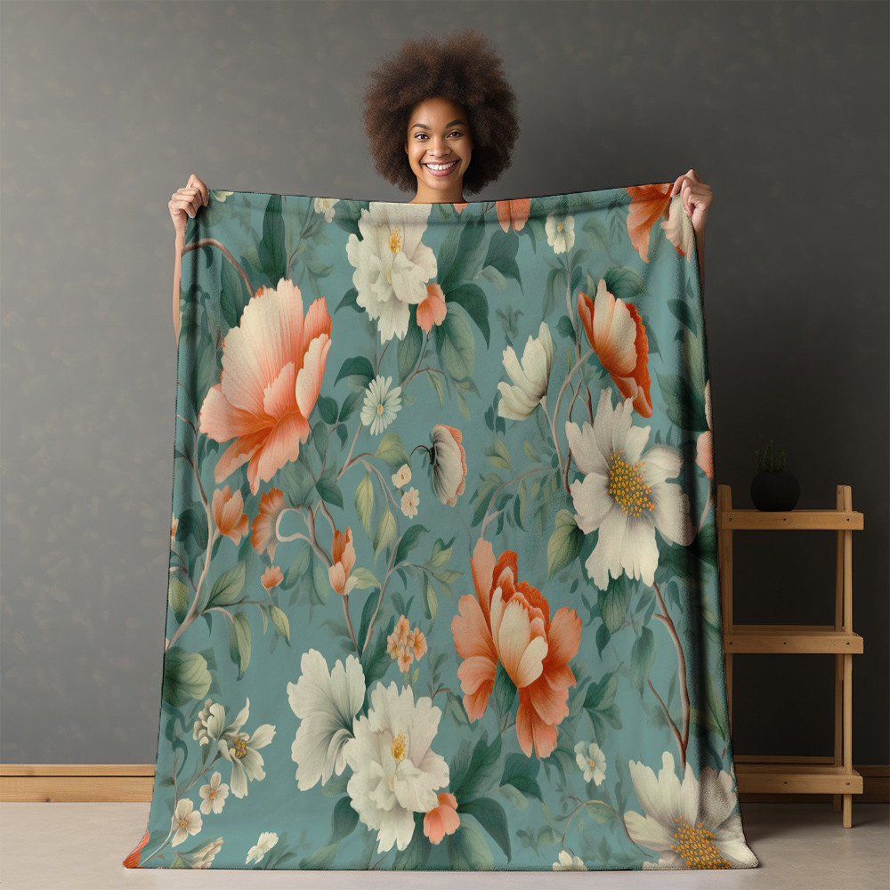 Vintage Poppy Floral Pattern On Green Background Printed Sherpa Fleece Blanket