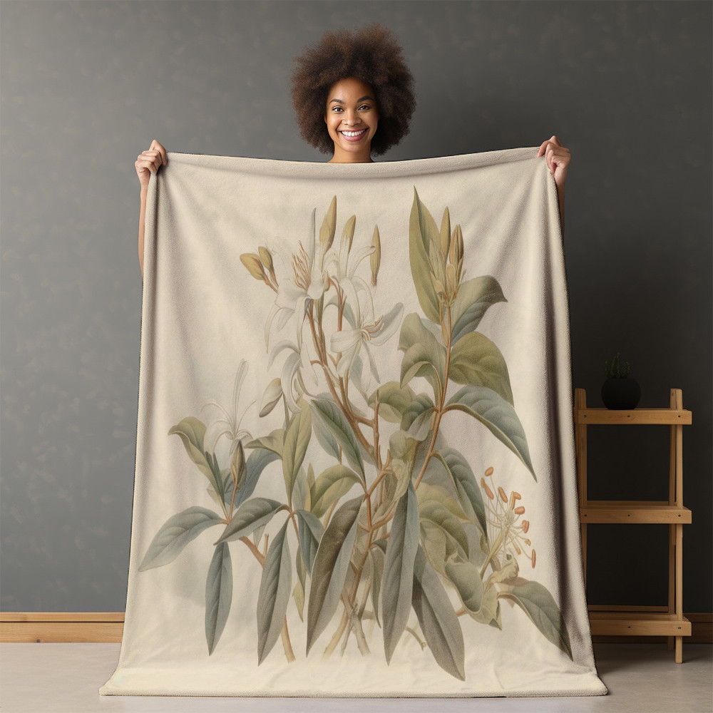 White Lily Flower Printed Sherpa Fleece Blanket Botanical Floral Design