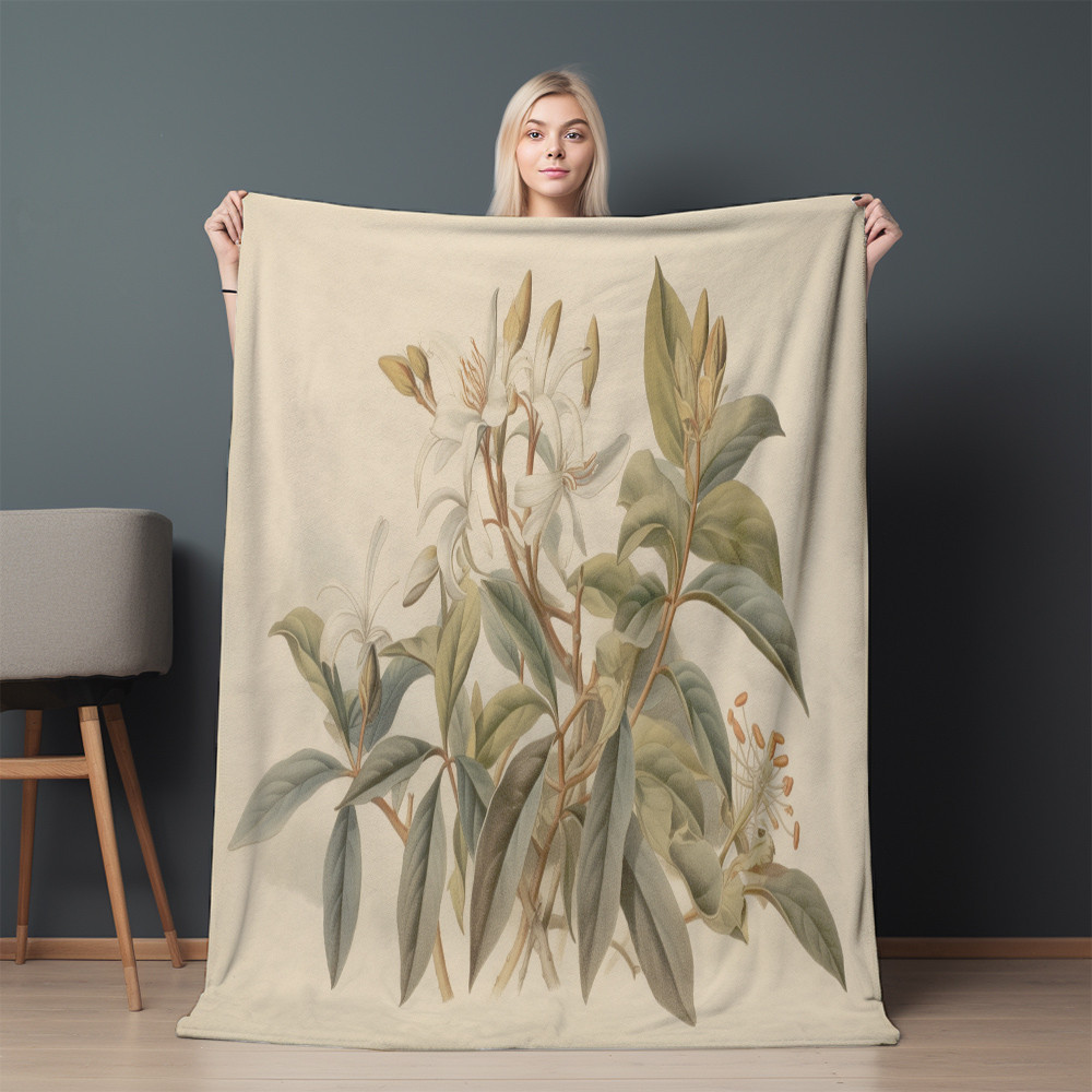 White Lily Flower Printed Sherpa Fleece Blanket Botanical Floral Design