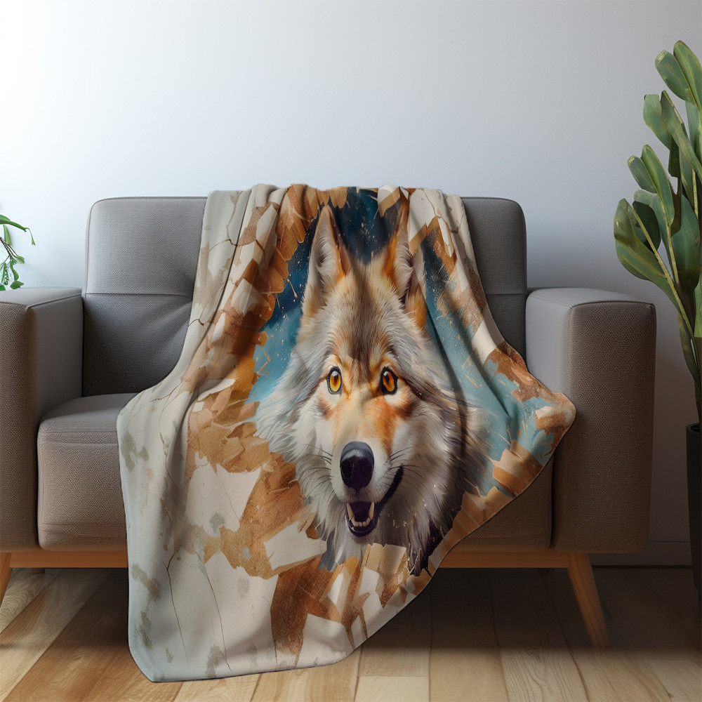 Wolf Through Broken Hole Printed Sherpa Fleece Blanket Animal Design